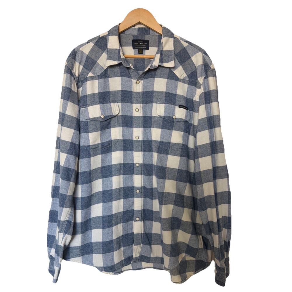 Lucky Brand Plaid Shirt Mens XL Blue White Pearl Snaps Long Sleeves Western
